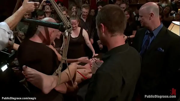 Blonde made squirt in public bdsm party
